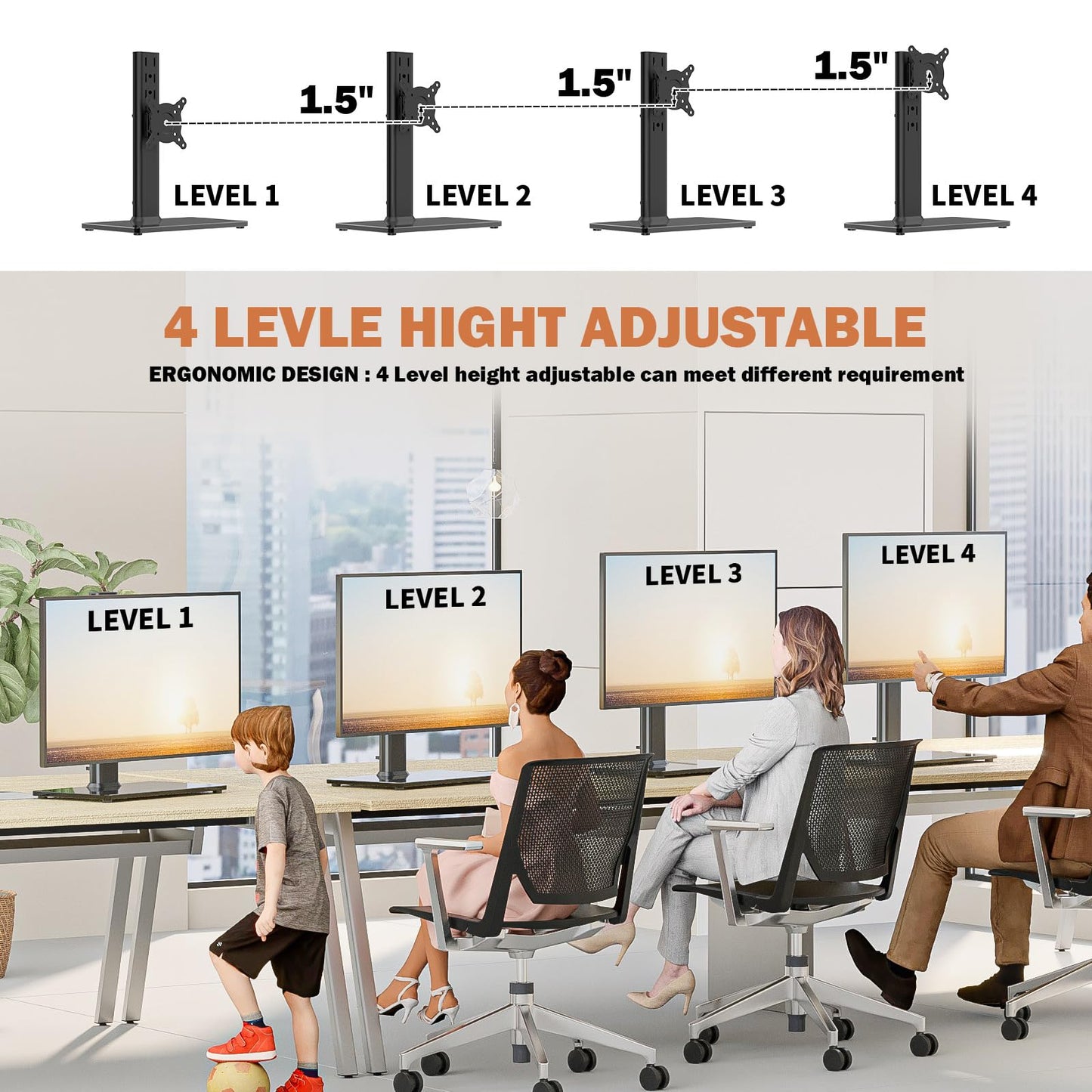 Single LCD Computer Monitor Free-Standing Desk Stand Riser for 13 inch to 32 inch Screen with Swivel, Height Adjustable, Rotation, Holds One (1) Screen up to 35kgs 1 PACK