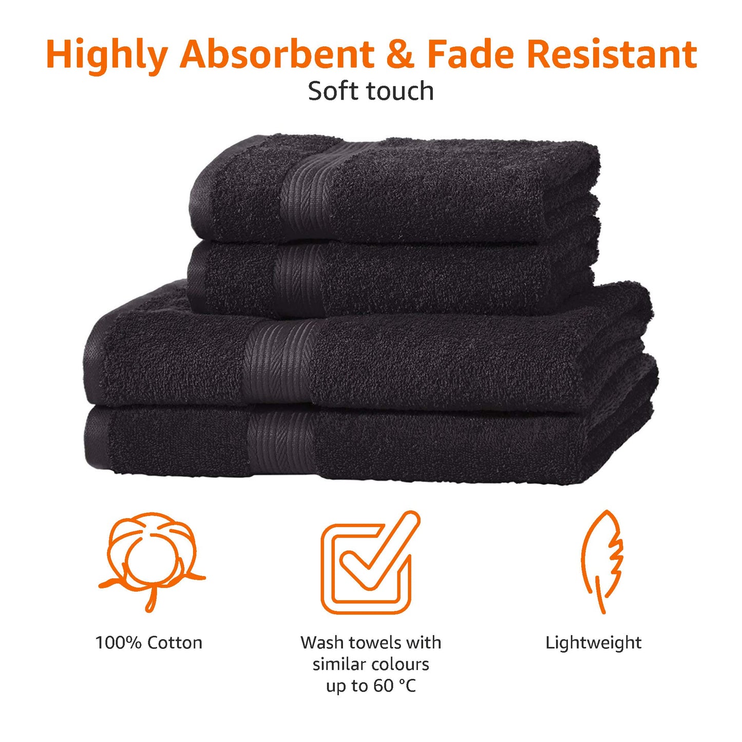 Amazon Basics 4 Piece Fade Resistant Bath Towel, 100% Cotton, Black, 2 Bath & 2 Hand,140 x 70 cm & 100 x 50 cm 4-Piece Set