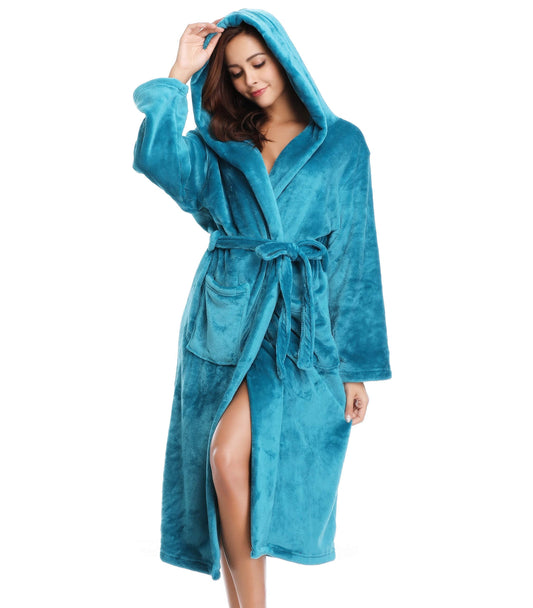 Vlazom Ladies Dressing Gown, Flannel Soft Robe Warm Fluffy Bathrobes with Hooded or Shawl Collar Long Robe for Cold Day Peacock Blue-with Hooded M