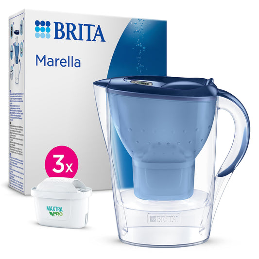 BRITA Marella Water Filter Jug Starter Pack - Blue (2.4 Litre) with 3x MAXTRA PRO All-in-1 cartridge - fridge-fitting jug with digital LTI and Flip-Lid - now in sustainable Smart Box packaging New Version Maxtra Pro