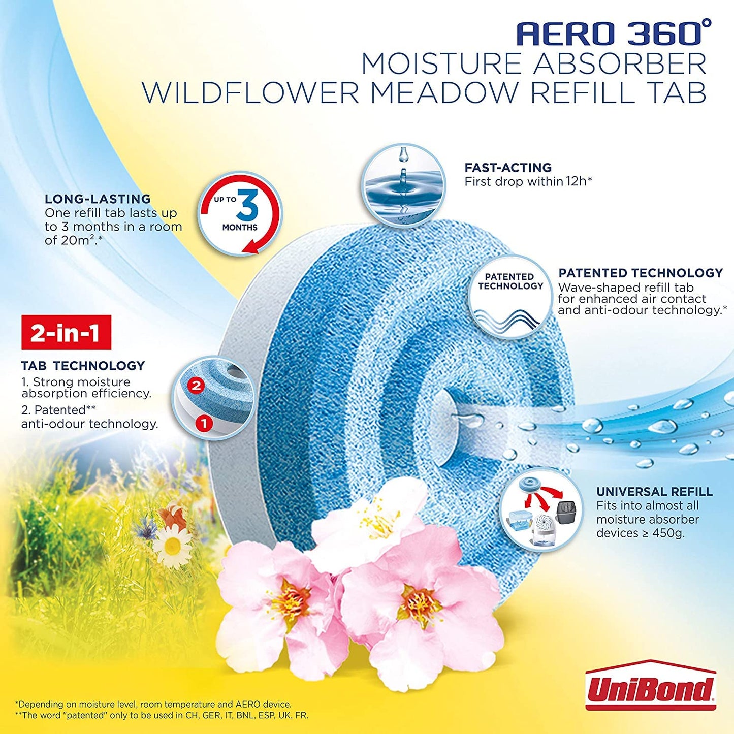 UniBond AERO 360° Moisture Absorber Wildflower Meadow Refill Tab, Aromatherapy, Ultra-Absorbent and Odour-Neutralising, for AERO 360° Dehumidifier, Condensation Absorbers, Twin Pack (2 x 450g)