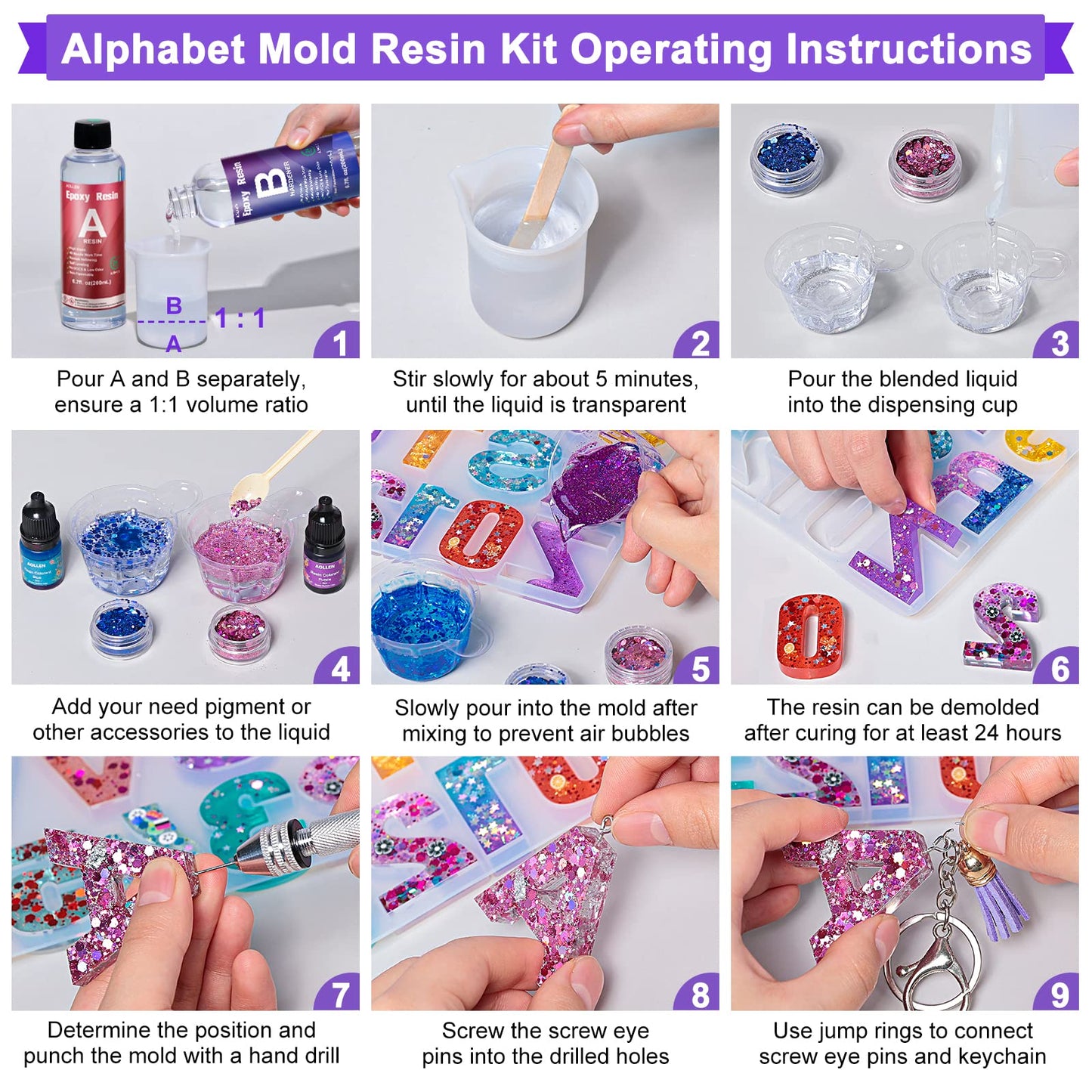 AOLLEN Epoxy Resin Kits for Beginners, 186 Pcs Letter Number Resin Silicone Moulds Keyring Making Kit, 400ml Crystal Clear Resin Accessories with Pigment, Glitter Sequin, Gold Leaf, Keychain Tassels