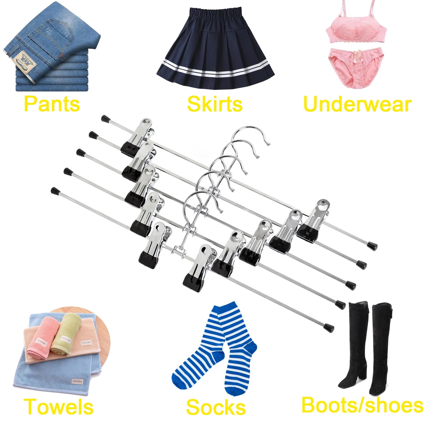 Amber Home 40cm Extra Long Chrome Metal Trousers Hangers 20pcs, Extended Silver Metal Skirt Hanger for Slacks Pants Jeans Bottoms with Non-slip Adjustable Clips 40CM 20PCS