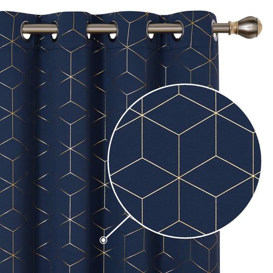 Deconovo Blackout Curtains, Gold Diamond Printed Eyelet Curtains, Home Decorative Room Darkening Curtains for Bedroom, 46 x 54 Inch(Width x Length), Navy Blue, One Pair W46 x L54