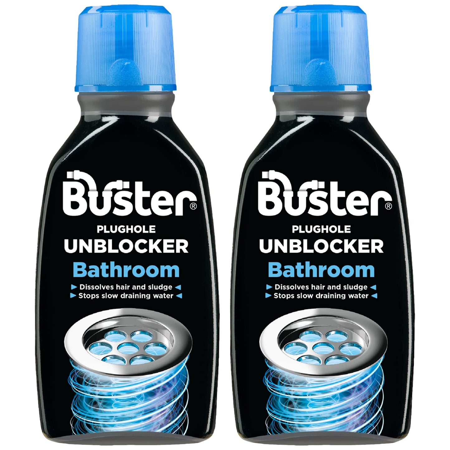 Buster Bathroom Plughole Unblocker 300ml, Pack of 2 – Unblock Hair & Sludge from Showers, Baths & Sinks – Fast-Acting Plughole Unclogger, Clears Blockages & Slow-Draining Water