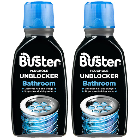 Buster Bathroom Plughole Unblocker 300ml, Pack of 2 – Unblock Hair & Sludge from Showers, Baths & Sinks – Fast-Acting Plughole Unclogger, Clears Blockages & Slow-Draining Water