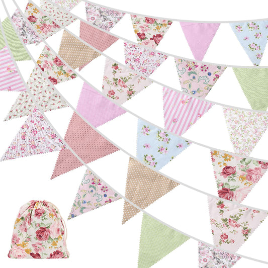 Fabric Bunting, 42pcs Outdoor Bunting Banner,Floral Vintage Cotton Triangle Flag for Garden Birthday Party Outdoor Party Decoration (Pink)…