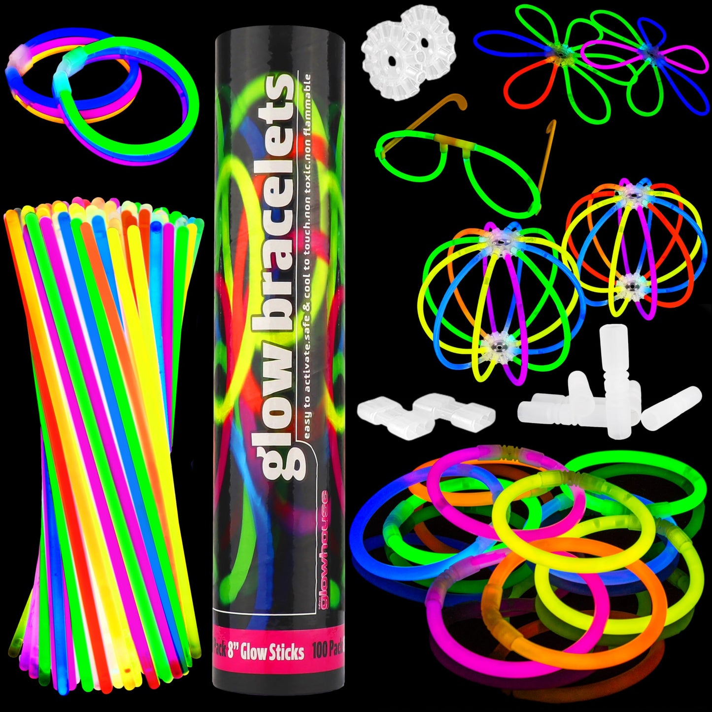 The Glowhouse UK Premium Glow Sticks for Kids Adults Bulk 205 Pcs Party Pack inc Glow Glasses kit and Connectors for Bracelets and Necklaces. Mixed Bright Long Lasting Glowsticks UK