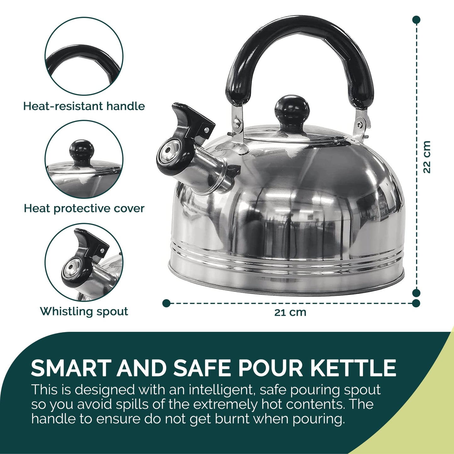 Green Haven Camping Whistling Kettle in 2L | Camping Kettle for Gas Stove, Electric Stove, Camp Fire | Portable Travel Teapot Coffee Mug with Folding Safe Handle & Spout | Strong Steel Boiling Pot Silver