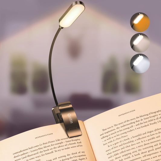 Gritin 16 LED Reading Light, Book Light 3 Eye-Protecting Modes Book Lamp (White/Amber/Mixed) - Stepless Dimming, Rechargeable, Long Battery Life, 4-Level Power Indicator, Flexible Clip on Book Light Black