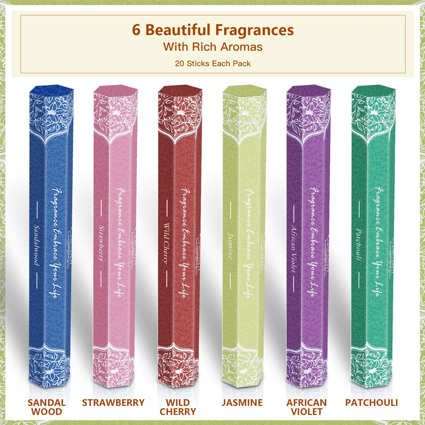 Premium Incense Sticks Variety Pack - Sandalwood, Patchouli, Jasmine, Strawberry, Violet, Cherry Incense for Meditation Purification Yoga Relaxation - 120 Sticks with Free Incense Holder Purple