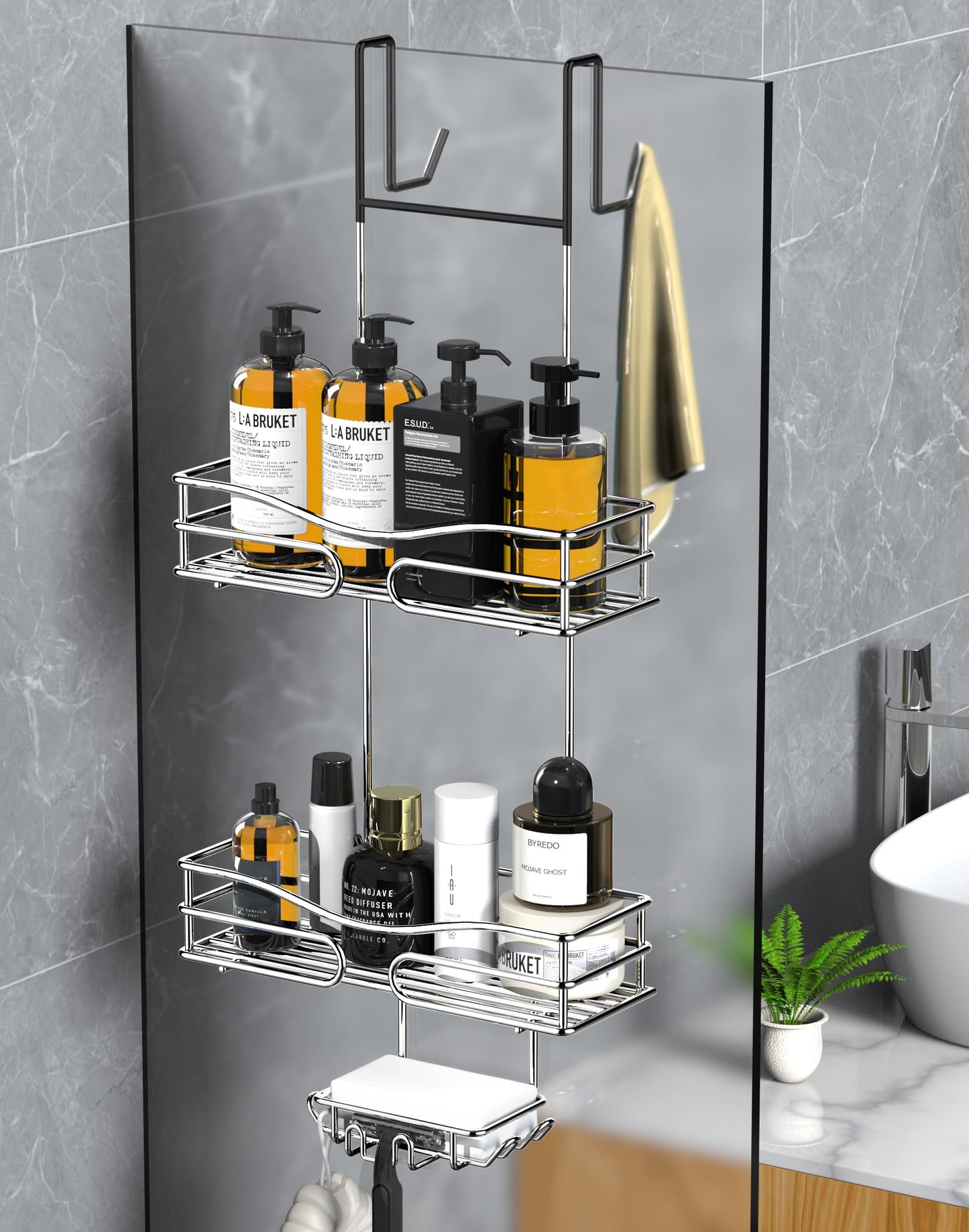 Cooeco Shower Caddy Hanging - Over Door Shower Caddy 2-tier Bathroom Shower Shelf with Soap Holder and Hooks, Stainless Steel Shower Storage no Drill Hanging Shower Organiser, Rust Proof… three-tier Silver