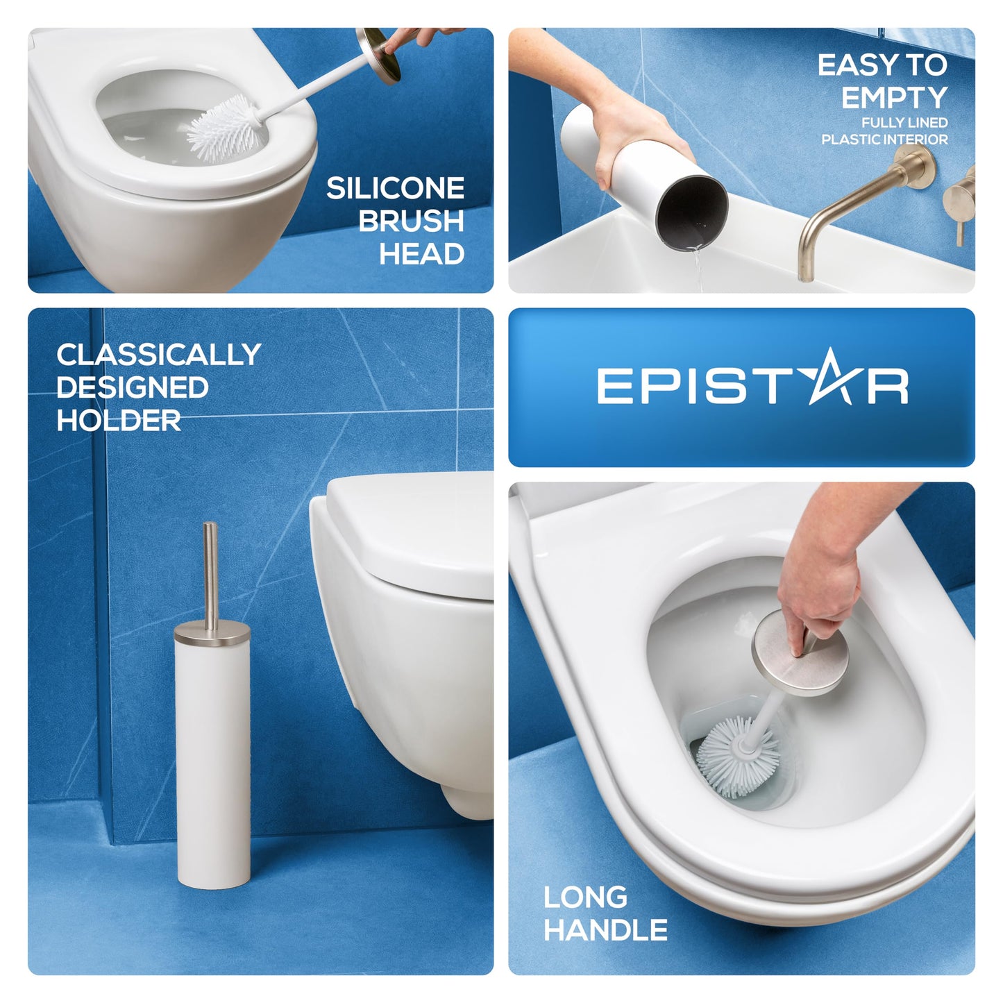 EPISTAR Silicone Toilet Brush & Holder Set, Stainless Steel (White) White