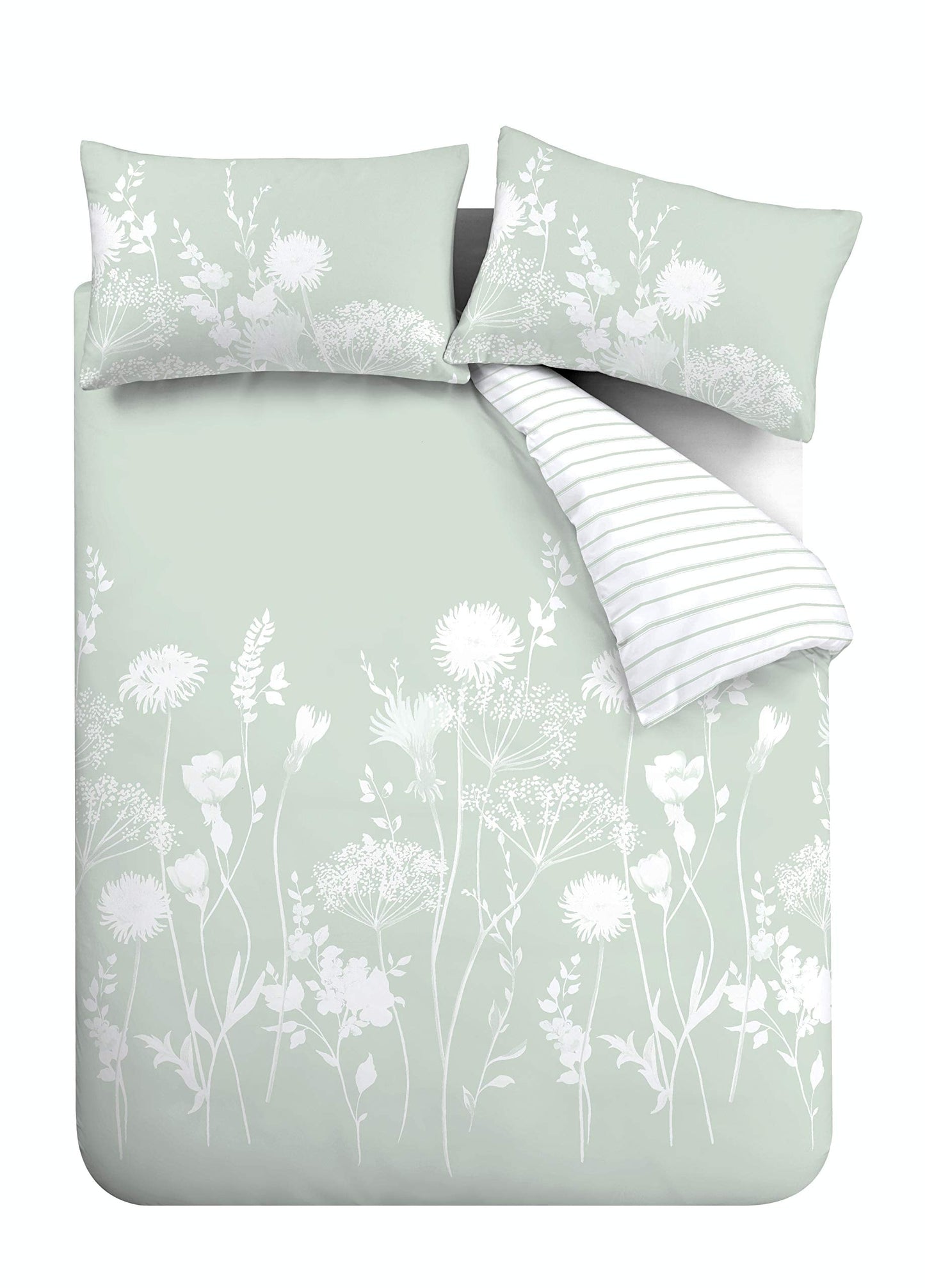 Catherine Lansfield Meadowsweet Floral Reversible Double Duvet Cover Set with Pillowcases Green