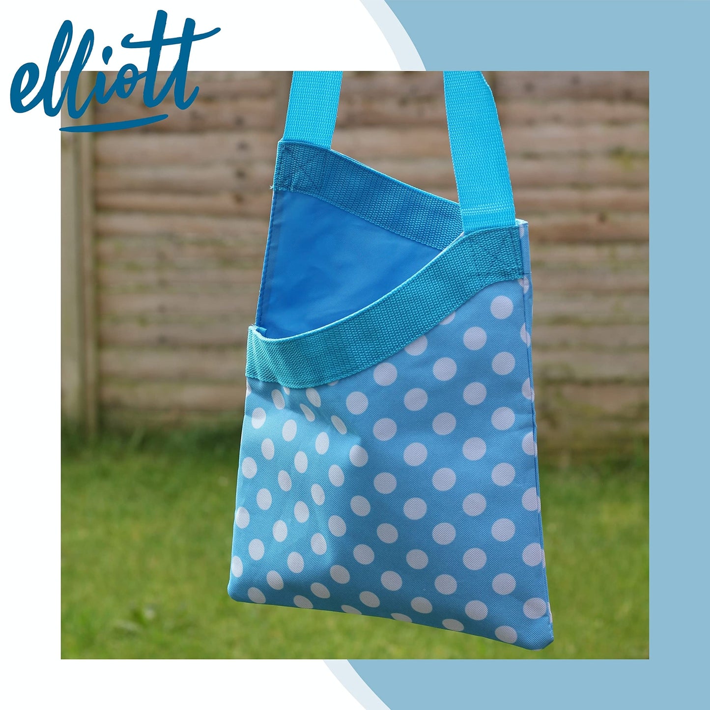 Elliott Peg Bag in Blue and White Polkadot Pattern with Shoulder Strap for ease of use, Will hold between 72 and 108 pegs, Strong durable water resistant Material