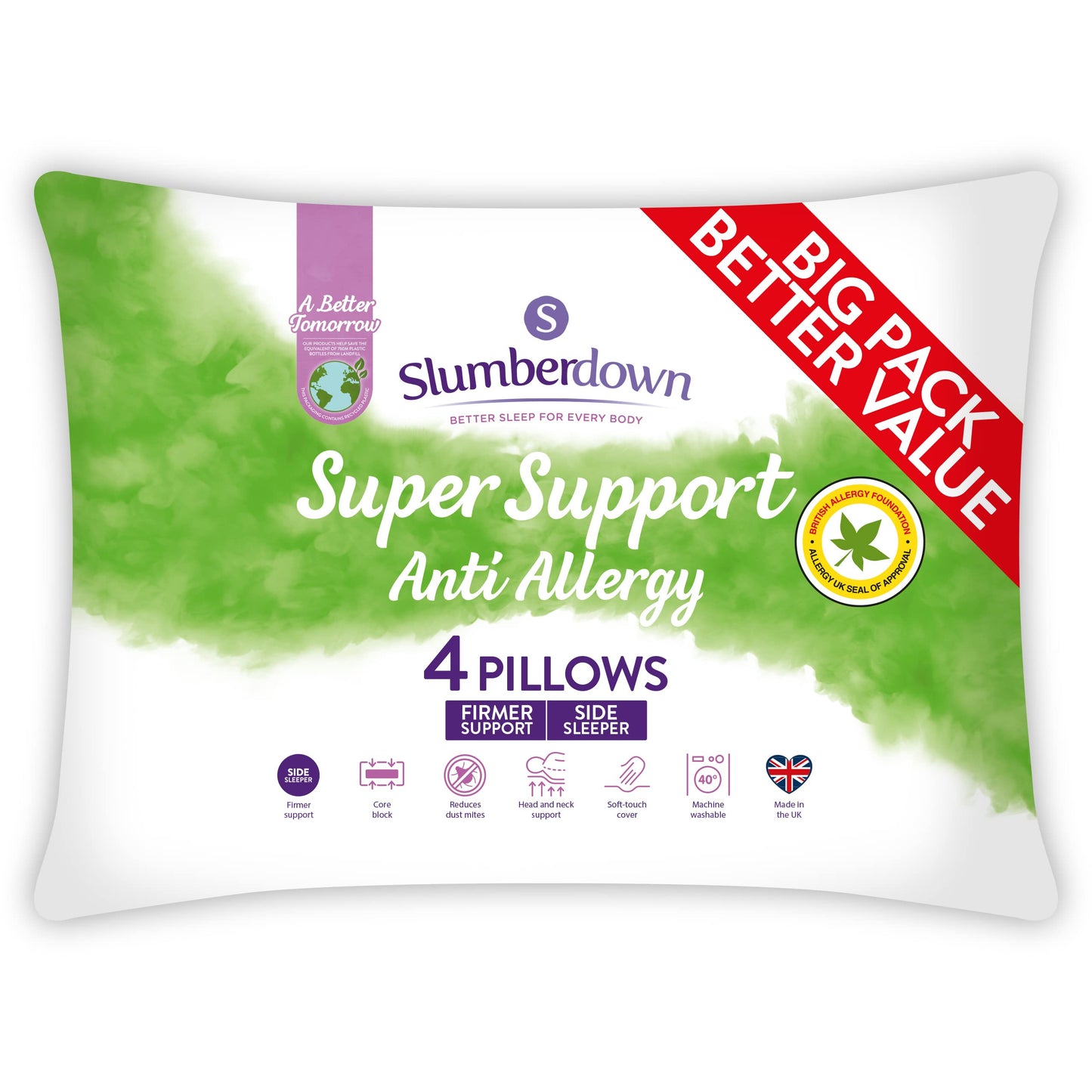 Slumberdown Anti Allergy Super Support Pillows 4 Pack - Firm Support Side Sleeper Pillows for Neck and Shoulder Pain Relief - Supportive, Hypoallergenic, UK Standard Size (48cm x 74cm) 4 Count (Pack of 1)