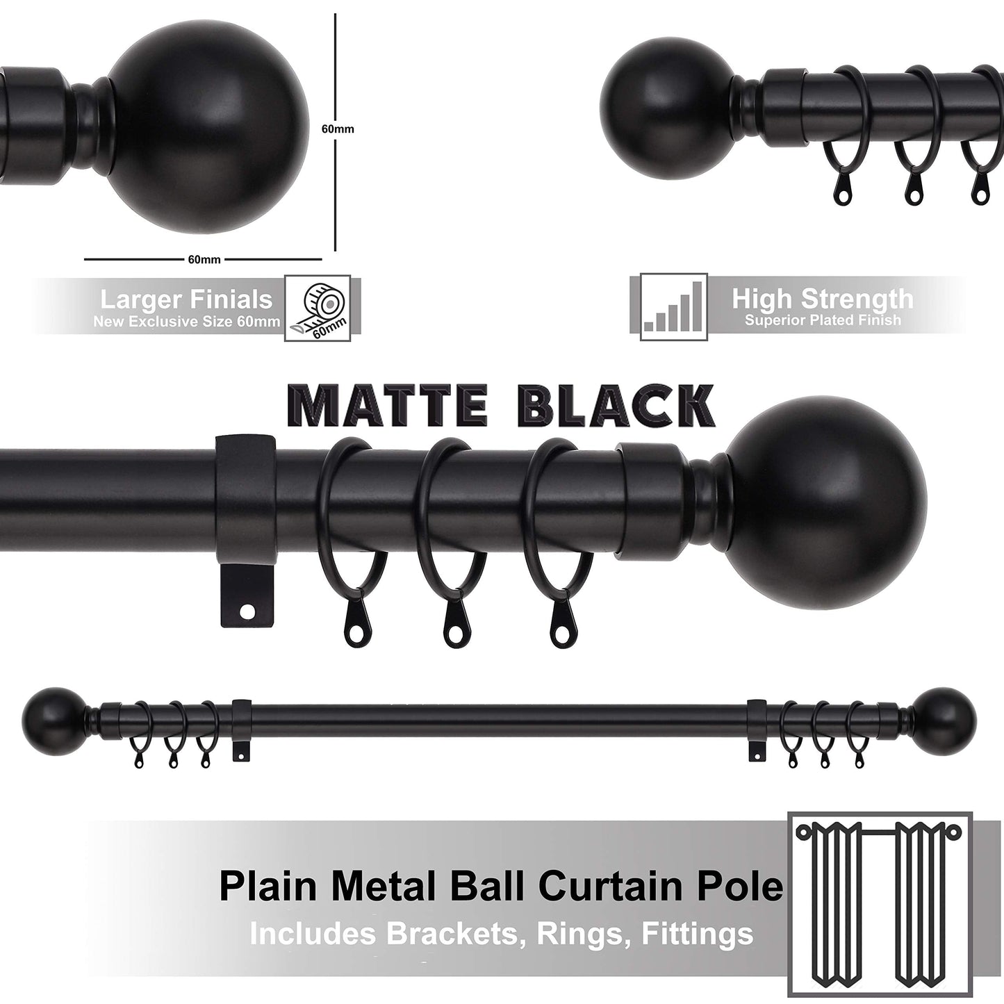 Plain Metal Ball Extendable Curtain Pole. Includes Pair Of Superior 60mm Size Finials, Rings, Brackets & Fittings Set. (Mat Black, 120cm - 210cm, 48 inch to 83 Inch) Mat Black