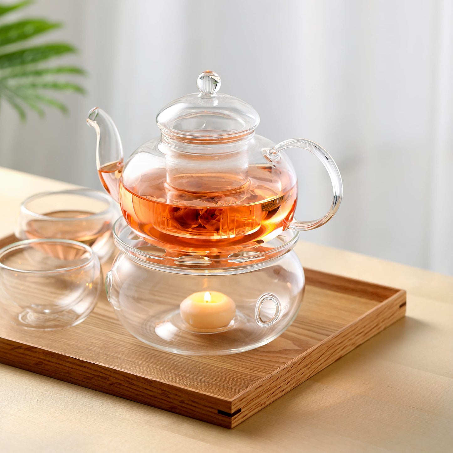 CnGlass Glass Teapot Stovetop Safe,Clear Teapot with Removable Infuser 600ML/20.3OZ,Borosilicate Glass Teapot with Strainer for Loose Tea and Blooming Tea Maker