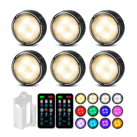 Onumii Under Cupboard Kitchen Lights Battery Operated LED Under Cabinet Lights, Stick on Wardrobe Lights Under Counter Lights Remote Control, RGB Puck Lights, 6 Pack - Black