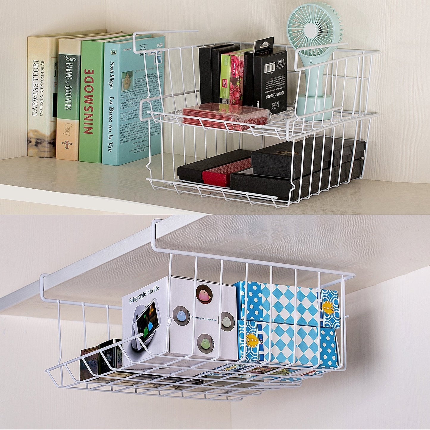 ASTOTSELL Under Shelf Storage Basket, 2-Pack Under Shelf Hanging Metal Wire Storage Basket Organizer for Kitchen, Office, Pantry, Bathroom, Cabinet, White