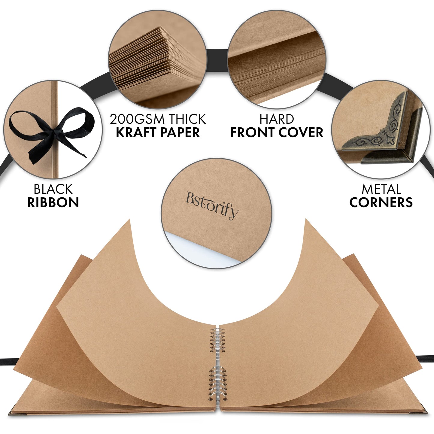 Bstorify Large Scrapbook, 25.4 x 25.4 Cm, 70 Pages Brown Thick Kraft Paper, Memory Book, Ribbon Closure - Ideal for Your Scrapbooking, Art & Craft Projects (Brown, 25.4 x 25.4 Cm)