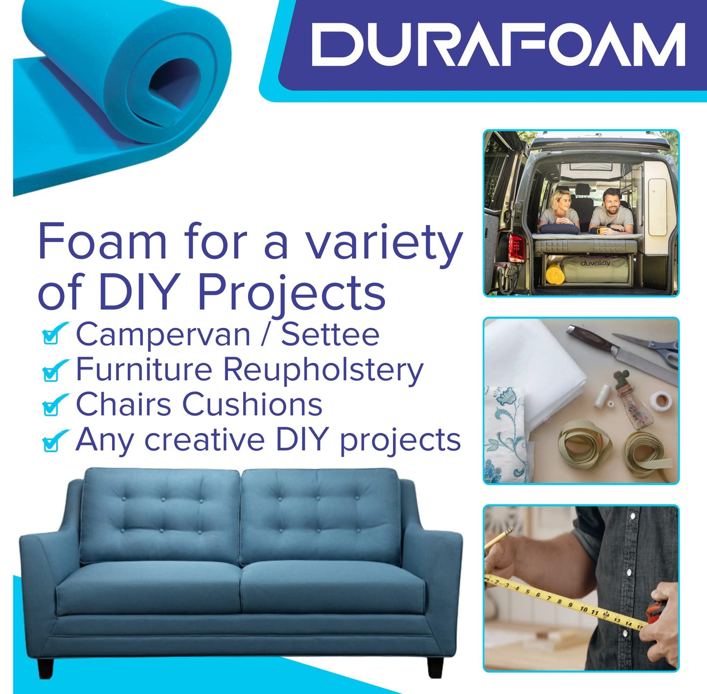 DURAFOAM High Density Blue Firm Foam Sheet For Upholstery, Cushions, Sofa, Beds, Seats, Campervans, Indoor/Outdoor Padding, DIY - DF190B - 80 x 20 x 1 inch (200 x 50 x 2.5cm) 80 x 20" (200 x 50cm) 1" (~2.5 cm) Thick