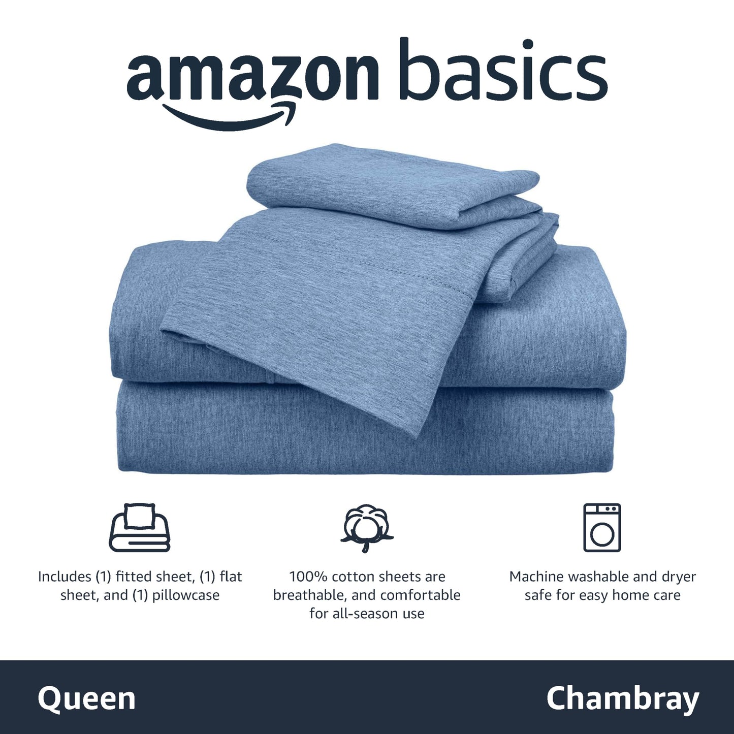 Amazon Basics Heather Cotton Jersey 4 Piece Bed Sheet Set, Queen, Chambray, Solid