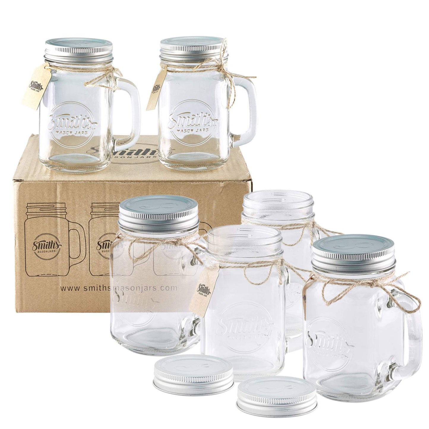 Smiths Mason Jars 6 Packs 16oz (473ml) Glass Jars with Handles and Screw Top | Drinking Glasses Ideal for Making Overnight Oats and Smoothiess 6 Mugs Set