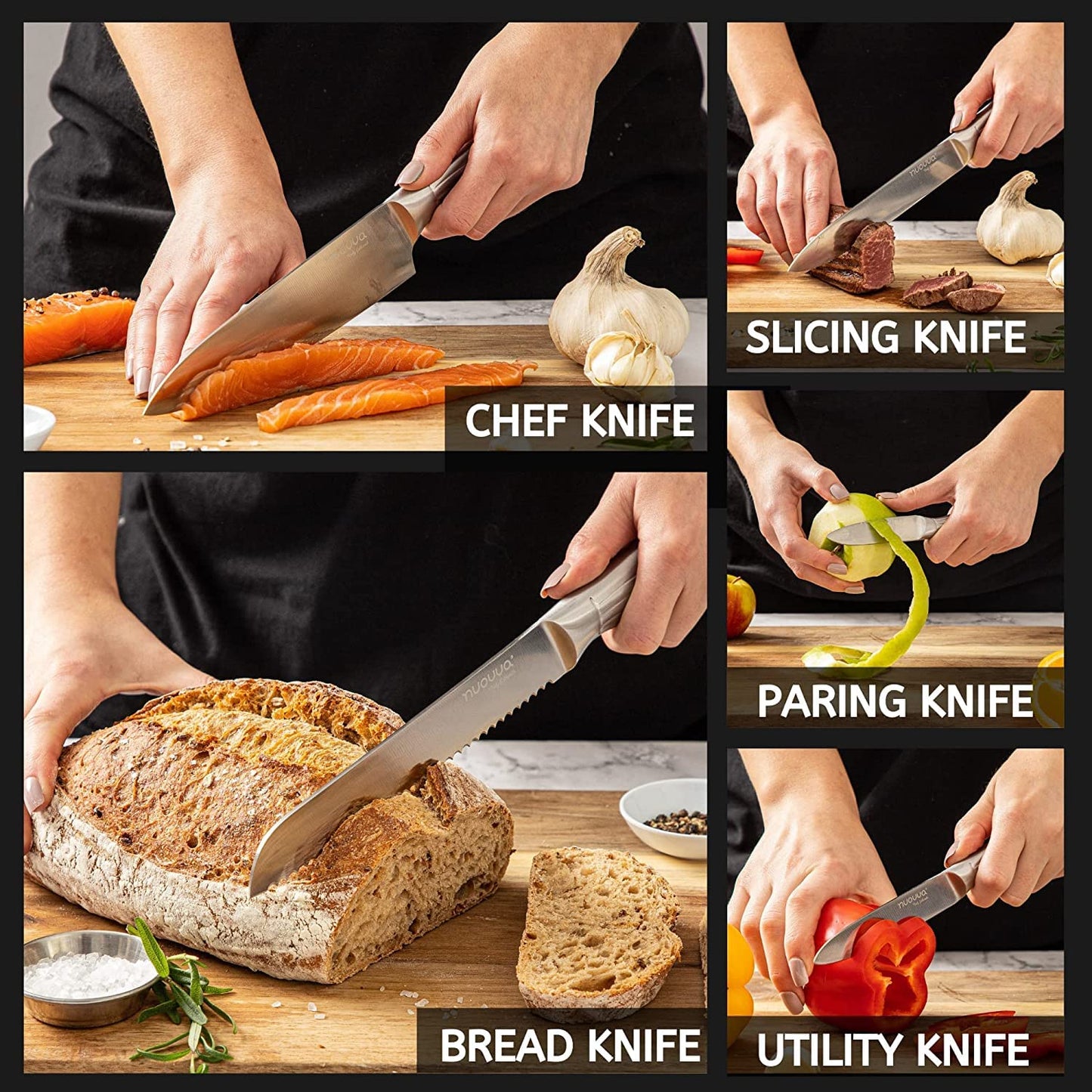 nuovva Sharp Kitchen Knife Set - Professional Kitchen Knives - 5 Pieces Stainless Steel Blades with Gift Box - Includes Chefs, Bread, Carving, Utility and Paring Knife 5pcs Stainless Steel Set