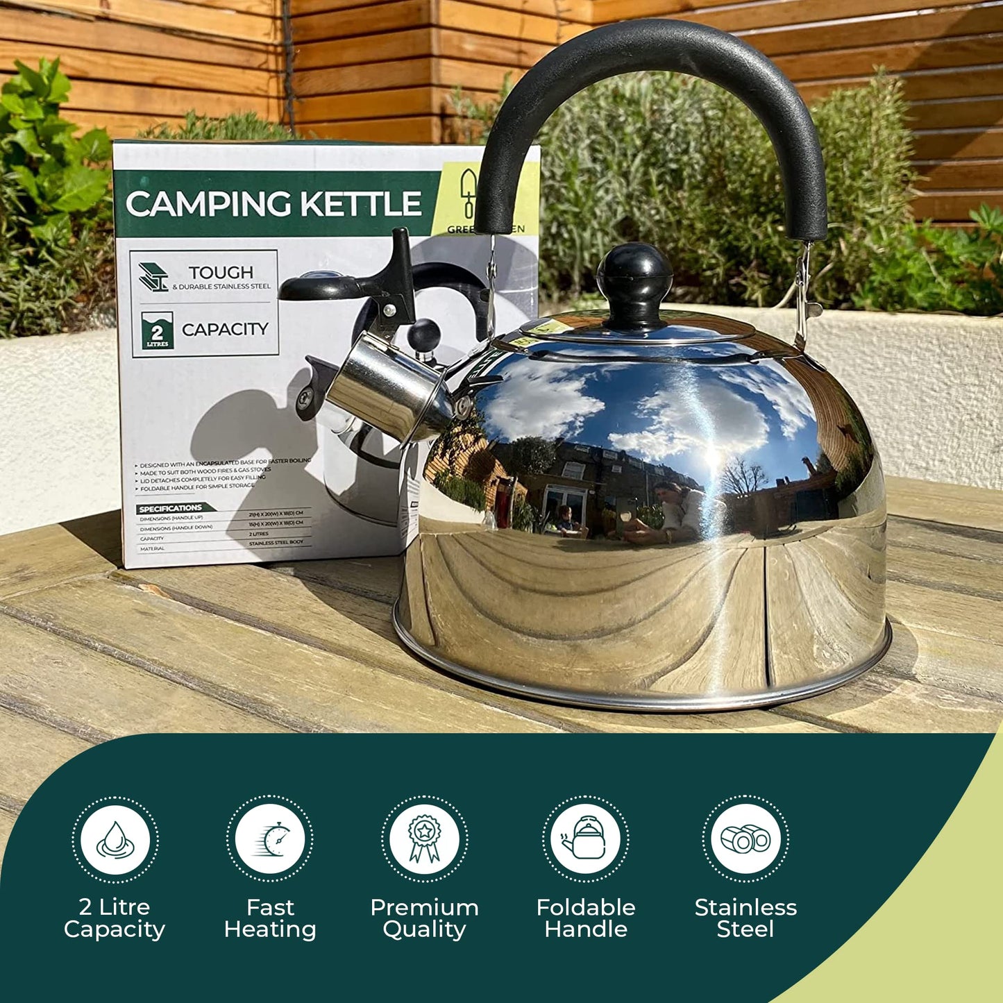 Green Haven Camping Whistling Kettle in 2L | Camping Kettle for Gas Stove, Electric Stove, Camp Fire | Portable Travel Teapot Coffee Mug with Folding Safe Handle & Spout | Strong Steel Boiling Pot Silver