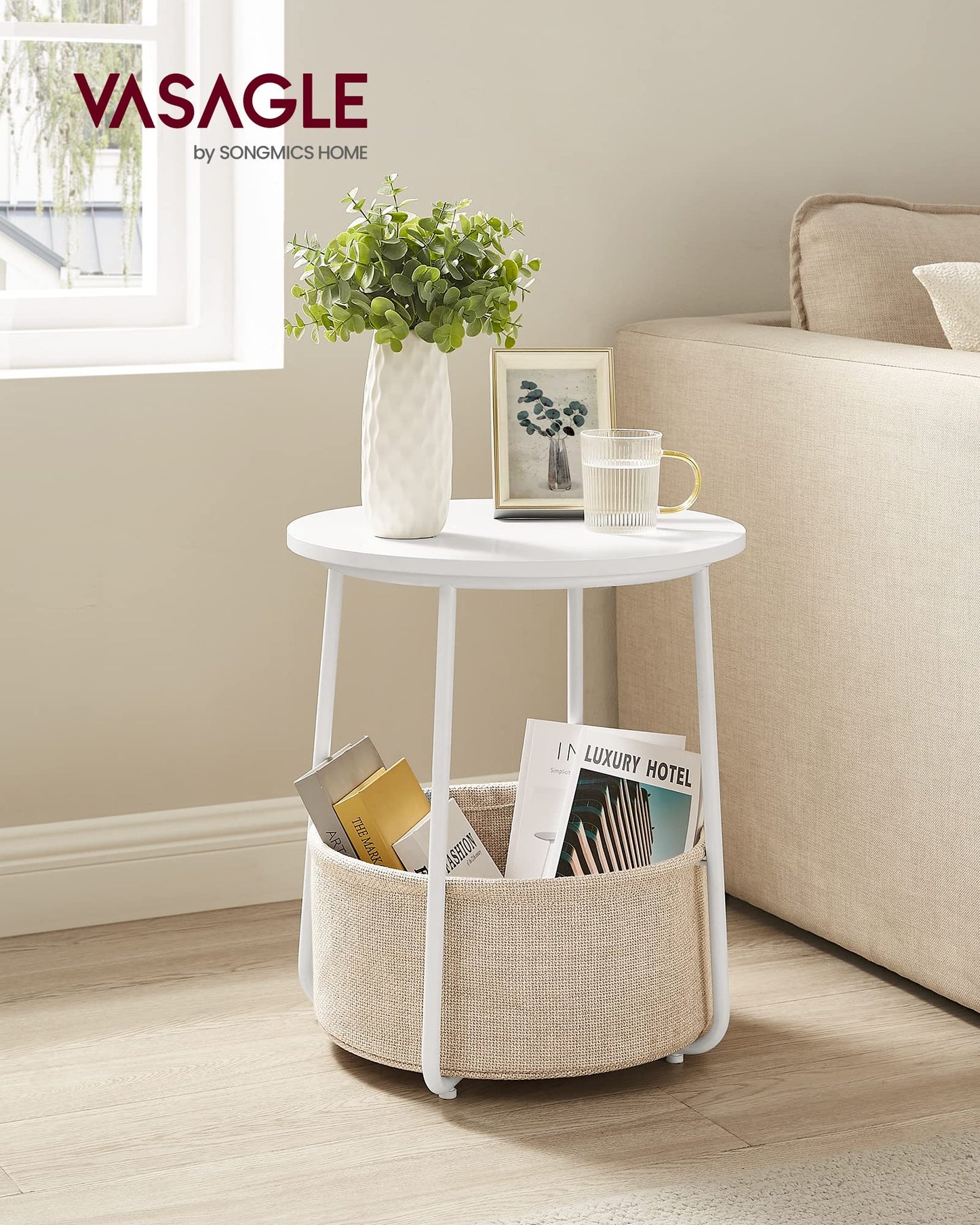 VASAGLE Side Table, Round End Table with Fabric Basket, Spacious, for Living Room Bedroom, Bedside Table, Modern Style, White and Beige LET223W10 White + Beige