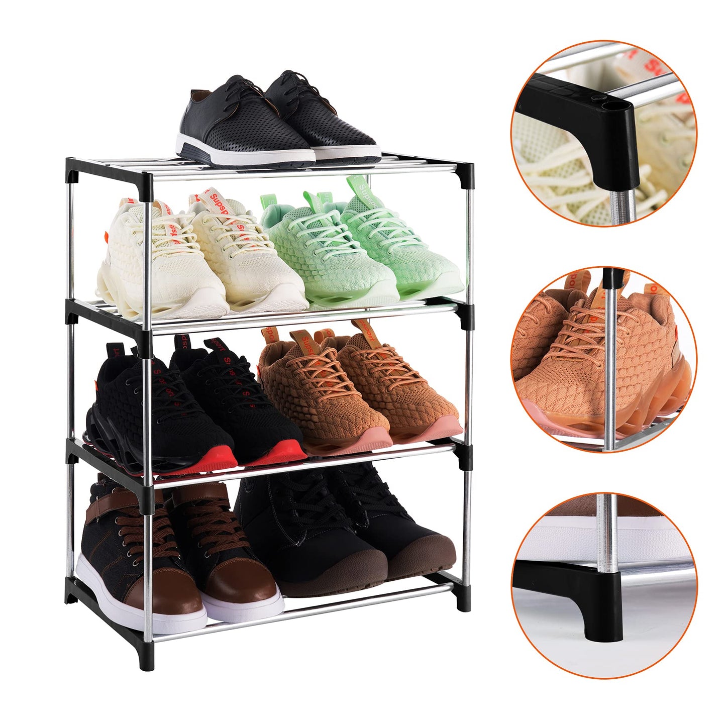 Xerhnan 4-Tier Stackable Small Shoe Rack, Lightweight Shoe Shelf Storage Organizer for Entryway, Hallway and Closet(Black) Black