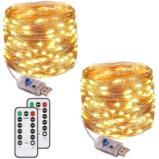 Augone [2 Pack] Fairy String Lights, 120LED 12M/40Ft 8 Modes USB Plug in Powered Lights Waterproof Outdoor/Indoor Copper String Lights with Remote Timer for Bedroom, Party, Christmas (Warm White)