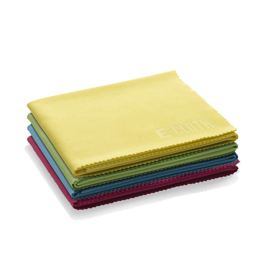 E-Cloth Glass & Polishing Cloth, Sustainable Microfibre Cleaning Cloth Set, Perfect Cleaner for Glass, Windows and Mirrors, Washable and Reusable, 100 Wash Promise, Assorted Colours, 4 Pack Single