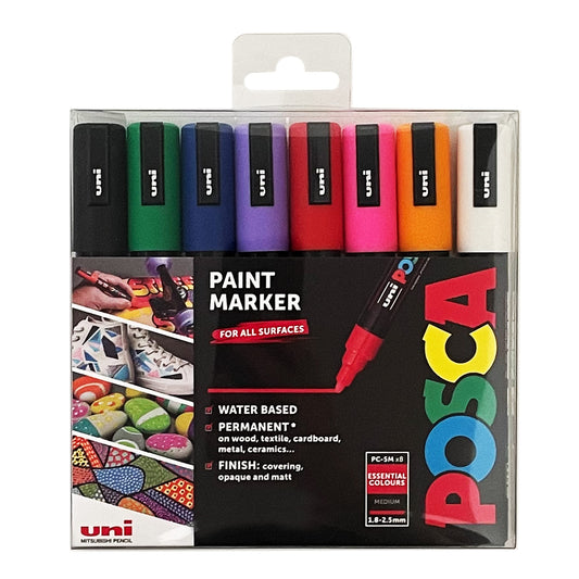 Posca PC-5M Water Based Permanent Marker Paint Pens. Medium Tip for Art & Crafts. Multi Surface Use On Wood Metal Paper Canvas Cardboard Glass Fabric Ceramic Rock Stone Pebble Porcelain. Set of 8 8 Fine Tip Essential Colours