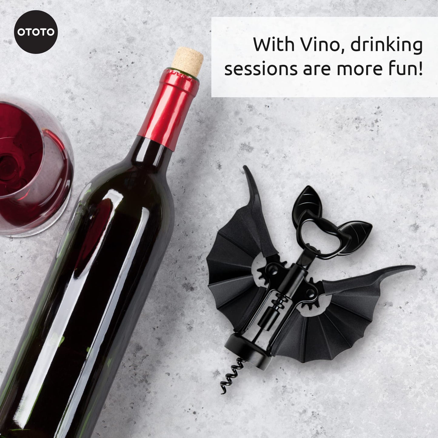 OTOTO Vino Spooky Bat Wine Opener - 2-in-1 Wine & Beer Opener, Corkscrew & Bottle Opener - Goth Accessories & Kitchen Gifts - Perfect Kitchen Accessories & Cool Gadgets