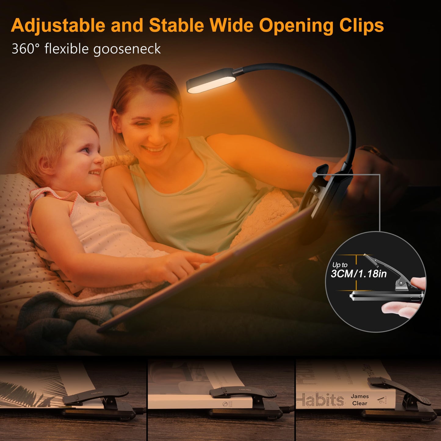 Gritin 16 LED Reading Light, Book Light 3 Eye-Protecting Modes Book Lamp (White/Amber/Mixed) - Stepless Dimming, Rechargeable, Long Battery Life, 4-Level Power Indicator, Flexible Clip on Book Light Black