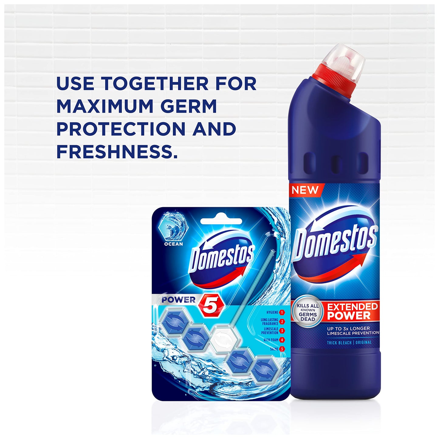 Domestos Ocean Toilet Rim Block toilet blocks that clean at full power for up to 300 flushes from the UK’s No.1 toilet cleaner brand, 2 Count (Pack of 7) Fresh