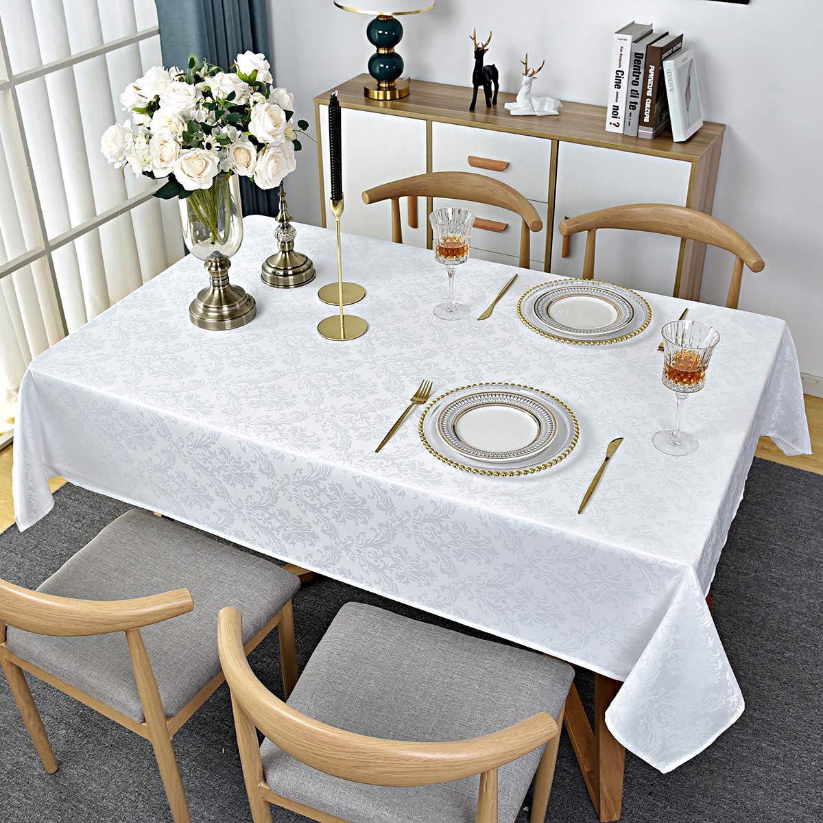 Rectangle Tablecloth -152 x 305CM White Damask Table Cloth Jacquard Design Spill Proof Wrinkle Resistant Waterproof Soft Polyester Oblong Table Cover for Kitchen Parties Tabletop White Damask Design Rectangle/Oblong,150x 305cm(10-12 Seats)