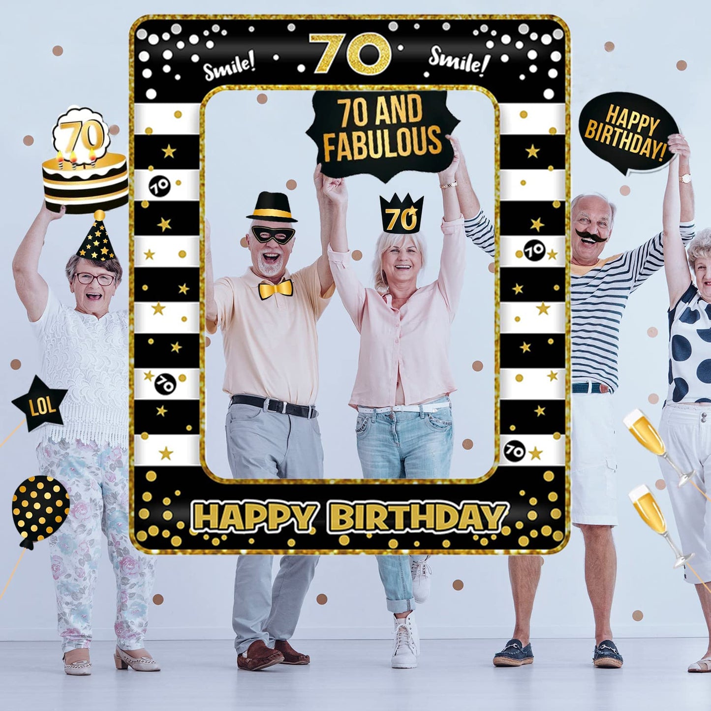 70th Birthday Decorations Girls Boys,Black Gold Inflatable Selfie Frame&34Pcs 70th Birthday Photo Booth Props,Giant Inflatable Party Photo Booth Frame for Ladies Men 70th Birthday Party Decorations Black Gold