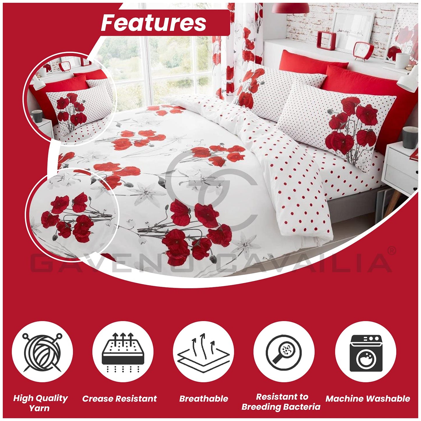 GC GAVENO CAVAILIA Easy Care Blossom Bedding Double Bed Set, Washable Botanical Duvet Cover Sets, Breathable Quilt Covers, Red