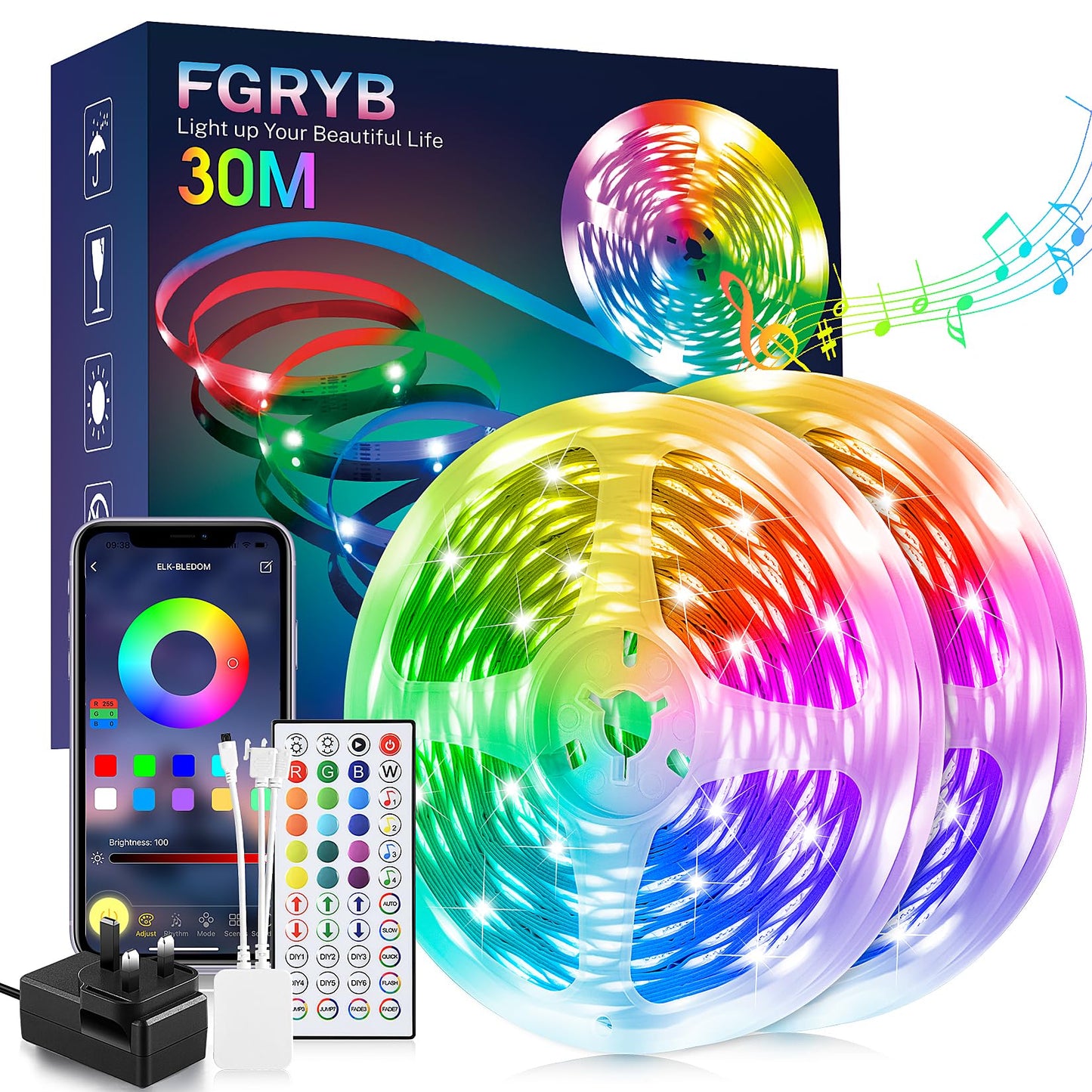 FGRYB Led Strip Light 30m - Music Sync RGB Colour Changing Led Lights for Bedroom with Bluetooth App & Remote Control Flexible Lighting for Home Rome Ceiling Decoration (30m)