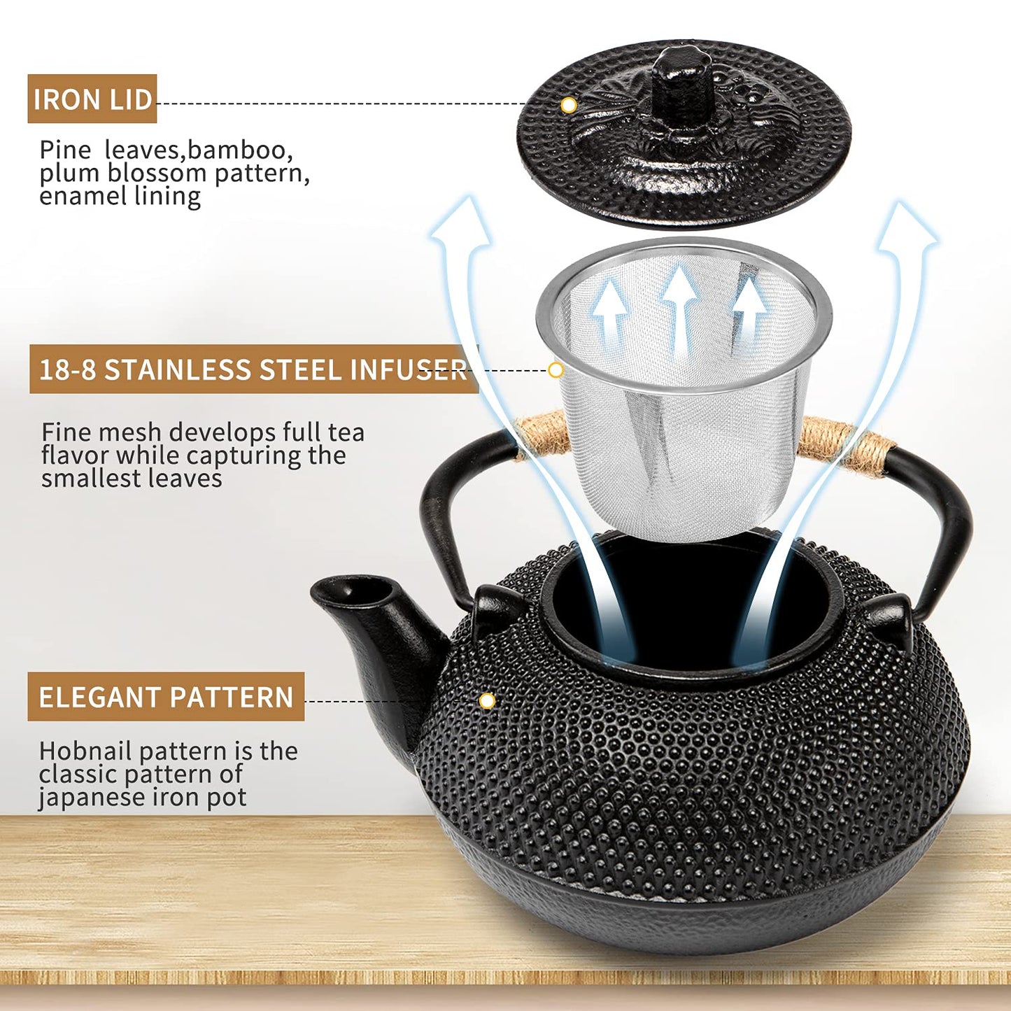 SUSTEAS Teapot Japanese Tetsubin Cast Iron Tea Kettle with Stainless Steel Infuser Black 900ml