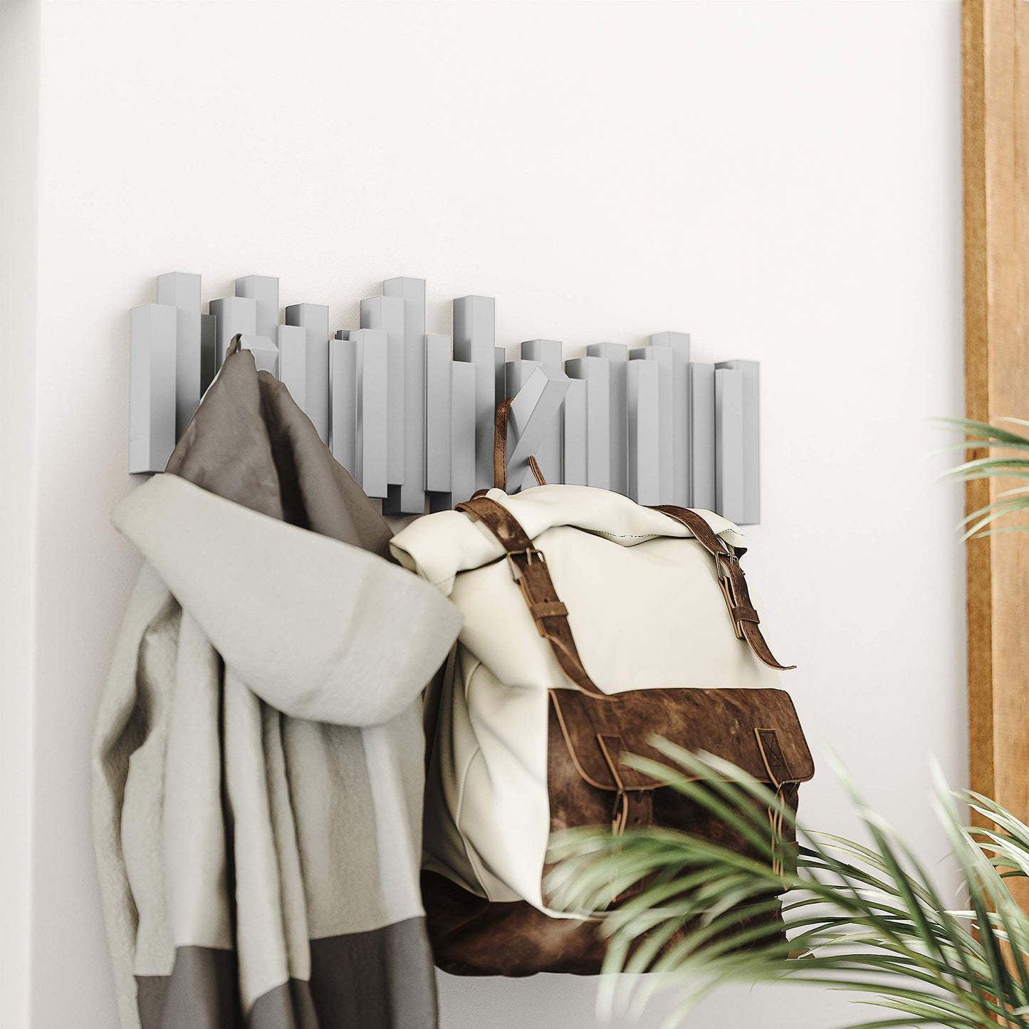 Umbra Sticks Multi Hook Coat Rack - Modern, Unique, Space-Saving Wall Mounted Coat Hanger with 5 Flip-Down Hooks for Hanging Coats, Scarves, Purses and More, Grey