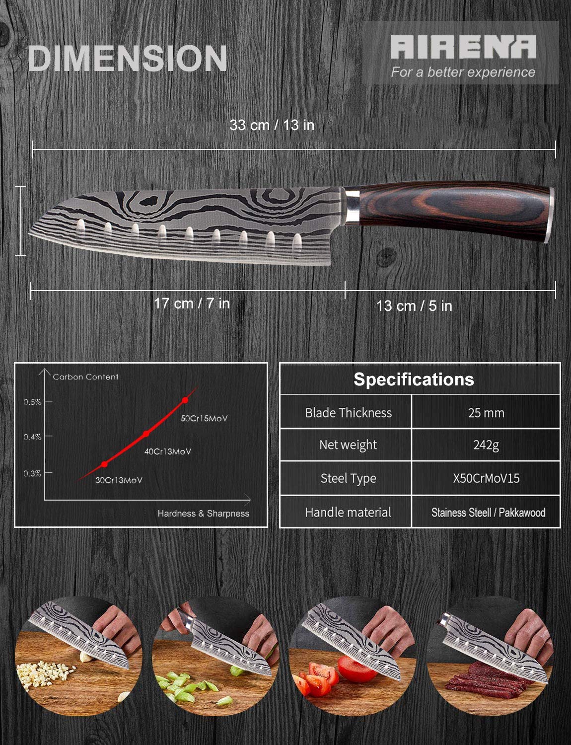 AIRENA Japanese Santoku Knife, 7" Professional Kitchen Knives - German Carbon Stainless Steel - Razor Sharp - Stain & Corrosion Resistant - Ergonomic Handle, Best for Home Kitchen and Restaurant Kn1002 D2 7" Santoku