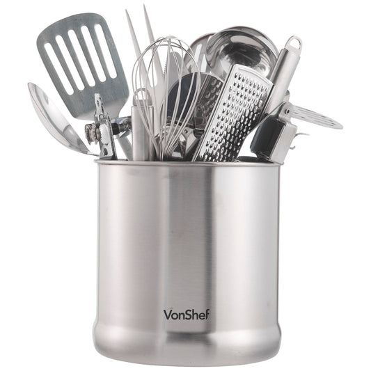 VonShef Utensil Holder, Stainless Steel Kitchen Organiser, 18cm Diameter Kitchen Storage Organiser with Satin Silver Finish, Compact Storage for Kitchen Accessories