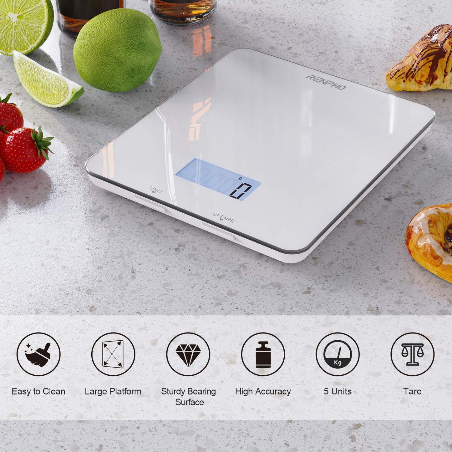 RENPHO Electronic Digital Kitchen Scales with Tare Function, Food Weighing Cooking Scale for Baking and Calorie Counting, Tempered Glass Platform with LCD Display, 5 Units Conversion, 5kg/11lb, White