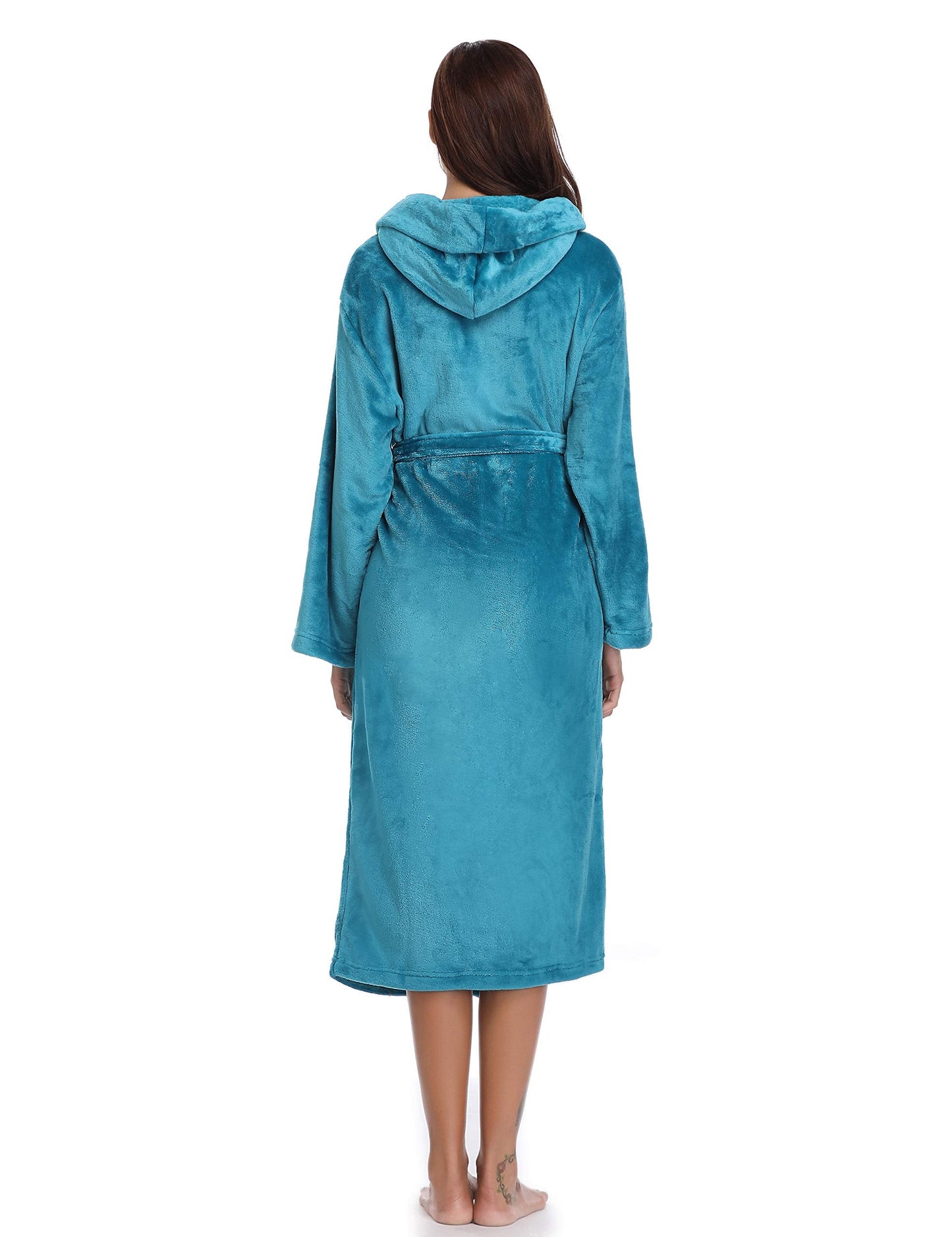 Vlazom Ladies Dressing Gown, Flannel Soft Robe Warm Fluffy Bathrobes with Hooded or Shawl Collar Long Robe for Cold Day Peacock Blue-with Hooded M