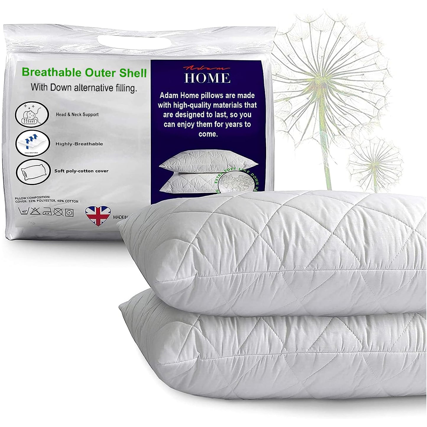 Adam Home Pillows 2 Pack Hotel Quality with Quilted Cover (2 Pillows) Filled Pillows for Stomach, Back and Side Sleeper, Down Alternative Bed Pillow-Soft Hollow-Fiber Hotel Pillows 2 Count (Pack of 1) White