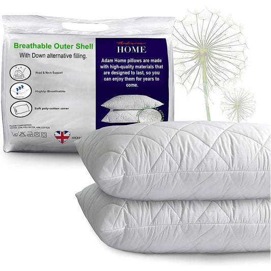 Adam Home Pillows 2 Pack Hotel Quality with Quilted Cover (2 Pillows) Filled Pillows for Stomach, Back and Side Sleeper, Down Alternative Bed Pillow-Soft Hollow-Fiber Hotel Pillows 2 Count (Pack of 1) White